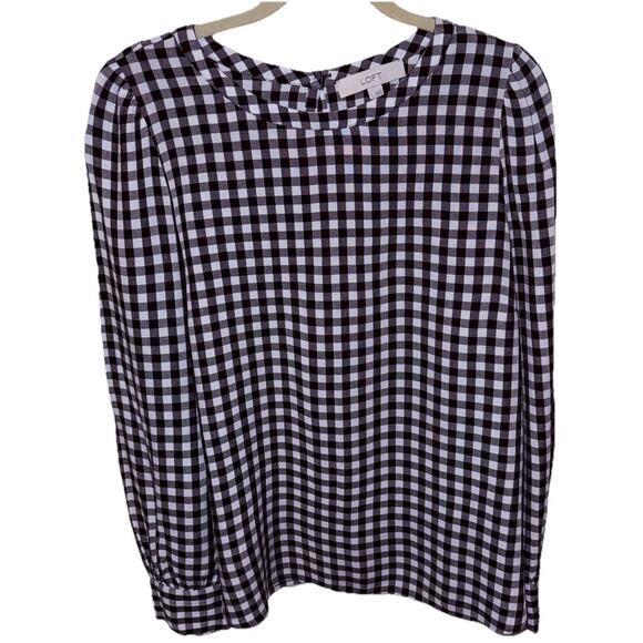 LOFT Women’s Sz L Black/White Check 100% Rayon Long Sleeve Keyhole Blouse - Picture 1 of 11